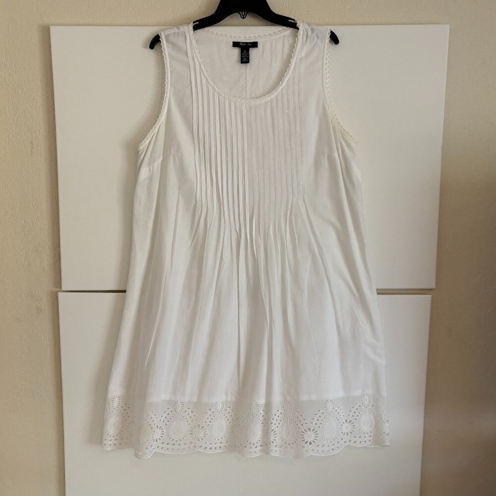 Style & Co Women's White Summer Dress Pintuck Sleeveless White Eyelet- Size XL
